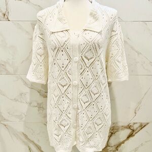 Le Lis Cream Crochet Button-Up Swim Cover-Up